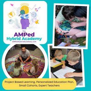 Collage of AMPed Hybrid Academy logo and children learning