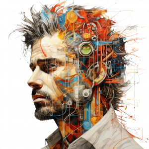 image of male face with colorful tech imagery instead of a brain