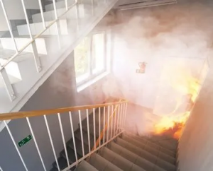 fire doors being used in a fire in a commercial building