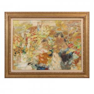 Oil on silk painting by Le Pho (French/Vietnamese, 1907-2001), titled Mother and Child, signed center left, circa 1946-1962.
