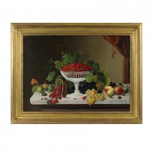 Oil on canvas still life painting of strawberries and other fruit by Severin Roesen (American, 1815-1872).