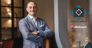 Arthur Gerada, CEO, Healthcare Logistics Ltd standing and smiling. The image has both the Healthcare Logistics Ltd and Clinitouch logo on.