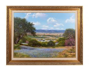 This beautiful oil on canvas painting by William A. Slaughter (Calif., 1923-2003), titled Bluebonnets in Spring, depicting a field of flowers with a town in the background, earned $10,285.