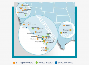 The image is a map of Discovery Behavioral Health locations in California, Arizona, and Texas. They are color coded by the type of treatment offered, including mental health, eating disorder, and substance abuse.