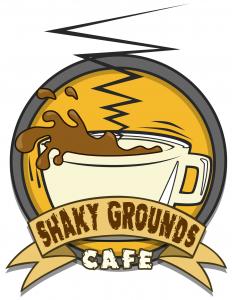 The Shaky Grounds Cafe Logo is a shaking cup of steaming coffee. Coffee splashes over the edge of the cup and the steam appears as a Richter scale wave. A scroll below the cup reads 'Shaky Grounds Cafe'