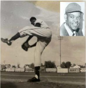 The picture is in black and white. The larger image shows Art dominating the mound and winding up to throw a fast ball while the inset picture is a headshot of Art in his Umpire uniform