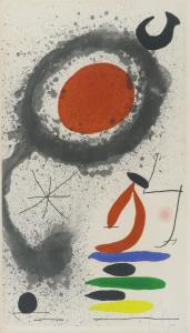 This 1969 etching with aquatint on wove paper by Joan Miro (Spanish, 1893-1983), titled Soleil Ebouillante (Dupin 518), is expected to change hands for $8,000-$12,000.