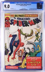 Copy of Marvel Comics Amazing Spider-Man Annual #1 (1964), graded well at CGC 9.0, featuring the first appearance of the Sinister Six (est. $5,000-$8,000).