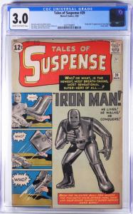 Copy of Marvel Comics Tales of Suspense #39 (March 1963), graded CGC 3.0, featuring the origin and first appearance of Iron Man. It should bring $4,000-$6,000.