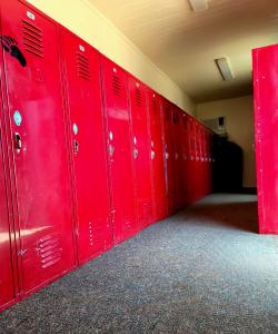 room with red lockers and carpet flooring