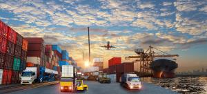 A composite image shows a freight port and airplane to indicate international trade.