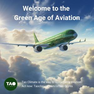 Welcome to the Green Age of Aviation with Tao Climate's Hemp Carbon Credits, green passenger jet flying through clouds