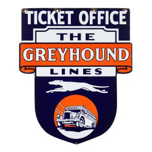1930s American Greyhound Coach Lines double-sided porcelain ticket office sign, marked “Baltimore Enamel 200 Fifth Ave. N.Y.”, 30 inches by 25 inches (est. CA$9,000-$12,000).