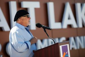 Gordon Huether, Artist, at Hoberman Arch at Salt Lake City International Airport, Unveiling August 2023