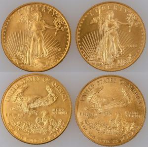 Two mint state $25 U.S. gold eagle coins, each one a half-ounce of fine gold, sold together as one lot and realized $5,500.