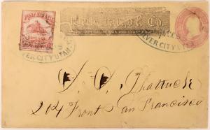 Rare 1860-1861 Pony Express cover with red 3-cent Washington oval, 25 cent red Pony Express stamp, a Wells Fargo & Co. embossment and two Silver City, Utah postmarks ($3,750).