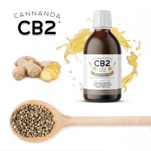 Sweet Ginger flavored Cannanda CB2 Hemp Seed Oil, pictured with a spoonful of hemp seeds and sliced ginger