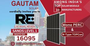 Image of Gautam Solar's invitation creative for RE+ 2023. It includes Gautam Solar's Logo in Top left side and text "Among India's Top 10 Solar Module Manufacturers" on Top right side. Below Gautam Solar's logo is the text "coordially invites you to" foll