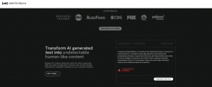A screenshot of the undetectable ai website, black background, and various media graphics, with the text "Transform AI generated text into undetectable human-like content Bypass AI content detectors with the most advanced and accurate AI detection remover