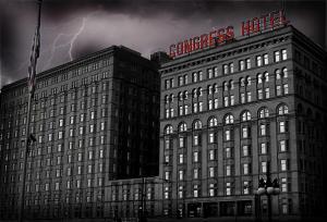 Scary Spooky washed out gray and red picture of the Congress Plaza Hotel with lightning