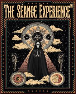 Depiction of The Séance Experience™ Logo containing scary mystical Tibetan symbols and the wording The Séance Experience™
