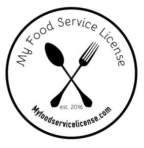 The company logo is circular with the words My Food Service License written inside.  Within the circle is a fork and spoon crossed in the center.  My Food Service License provides food safety education and certification programs to food service workers