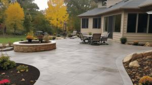 A brown decorative concrete patio, featuring a a unique rectangle design with a circular fire pit