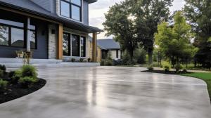 A recently finished concrete driveway with a wet hue. Installed in front of a gray modern home