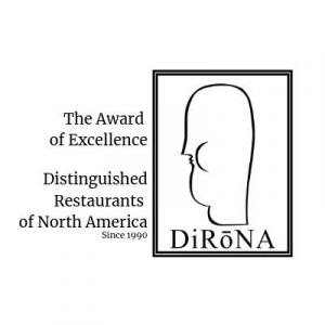 Logo for Distinctive Restaurants of North America line drawn face with stuffed cheeks.
