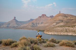 A mountain biker pedals along a trail near Flaming Gorge.