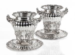 Pair of fine and rare George III silver wine coolers, liners and stands carrying the mark of Paul Storr, London, 1819 (est. $50,000-$80,000).