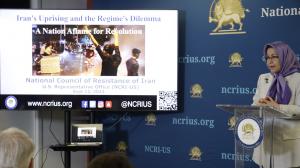 Soona Samsami, the NCRI's U.S. Representative, delivers the opening remarks at the press conference held by the NCRI-US to divulge the clerical regime's strategy to counter the expansion of anti-regime uprisings - Sept 12, 2023, Washington, DC.
