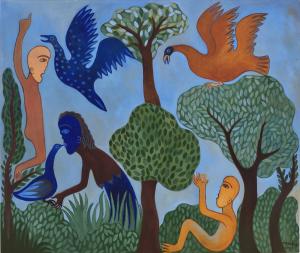 Colourful painting by Cuban artist Manuel Mendive titled The Bluebird
