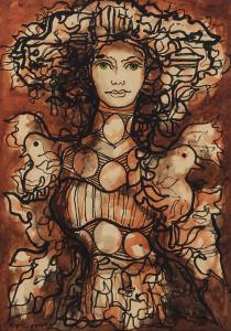 Gouache on paper by Cuban artist René Portocarrero of a woman with birds