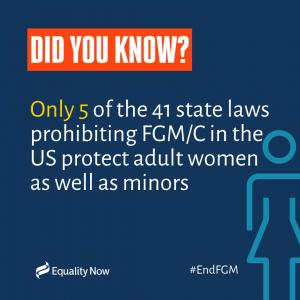 Graphic that says Only 5 of the 41 state laws prohibiting FGM.C in the US protect adult women as well as minors