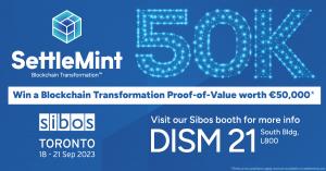 Banner showing the 50k contest visual and details about SettleMint's booth at Sibos, Booth DISM 21