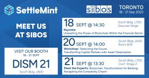 A visual showing the different speaking opportunities that SettleMint has at Sibos. Keynote on 18 Sep at 2.30pm, Workshop on 20 Sep at 2pm, and Meet the Experts panel on 21 Sep at 1.30pm.