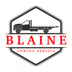 A black logo for Blaine Towing Services featuring red text