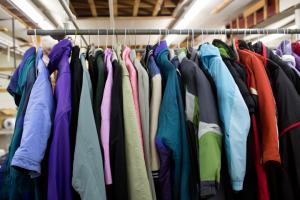 donated coats on a rack