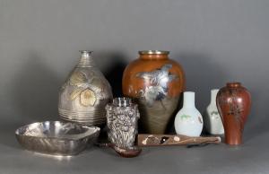 Selection of antique Japanese metal work, incense boxes and porcelain.