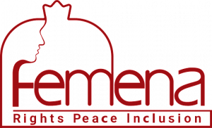 Logo that says Femena on top line, and underneath Rights Peace Inclusion, written in brown font against a white background