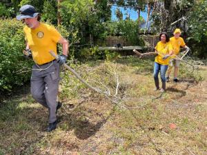Scientology Volunteer Ministers cut down broken branches and hauled them away.