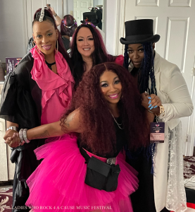GRAMMY® nominees Helen Bruner & Terry Jones pose in the Pink Room with Chinah Blac newly elected Governor of the Philadelphia Chapter for the Recording Academy and Sharon Lia, CEO and Founder of Ladies Who Rock 4 A Cause.