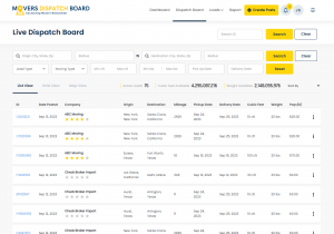 Image of Movers Dispatch Board's Nationwide Load Board in list view. Image shows available loads posted on the load board by carriers from around the country. The load board give specifications and details of each load.