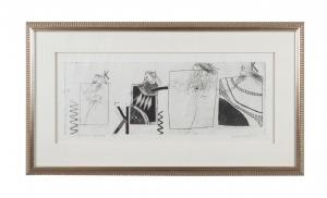 Etching and aquatint on paper by David Hockney (English, b. 1937), titled Three Kings & a Queen (1961), framed, pencil signed, dated and titled (est. $10,000-$12,000).