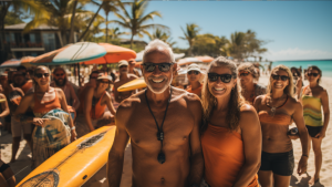 Group of people 55 and up on beach about to surf as part of Jorny