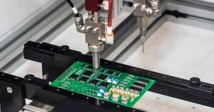 Dymax conformal coatings being applied to a printed circuit board.