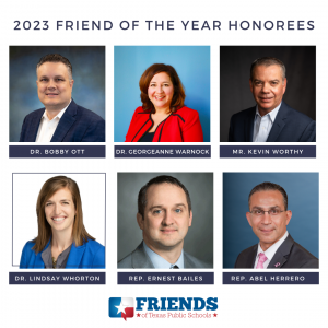 Composite of honorees: Dr. Lindsay Whorton of the Holdsworth Center, superintendents Bobby Ott (Temple ISD), Georgeanne Warnock (Terrell ISD), and Kevin Worthy (Royse City ISD), and Reps. Abel Herrero and Ernest Bailes