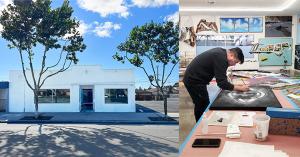 A white building with treess outfront depicating ESMoA's New Hub in LAwndale, and an image of an artist creating artowkring within the space, there is vibrant eclectic art hung up around him