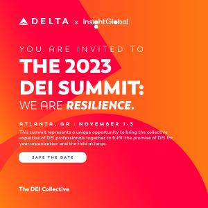 Red and orange gradient background with The 2023 DEI Summit, Atlanta GA at Insight Global Headquarters and sponsored by Delta Airlines and Insight Global